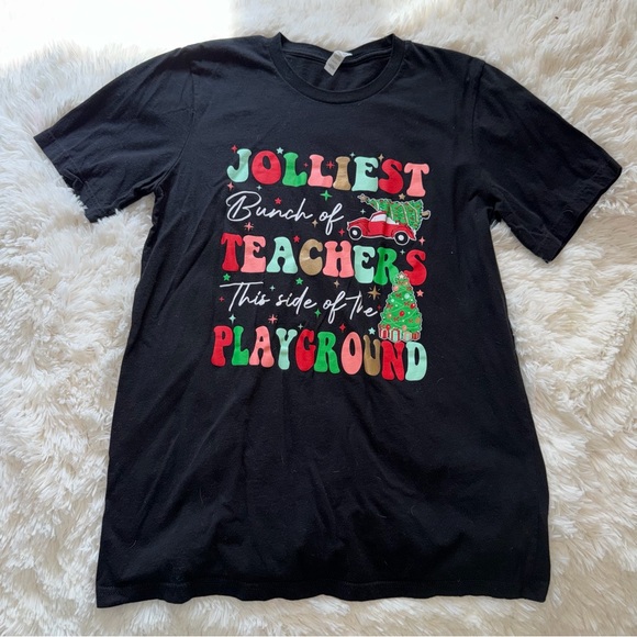 Bella Canvas Tops - Jolliest Bunch of Teachers Black Christmas Holiday T-Shirt Size Large